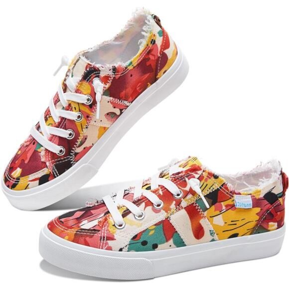 Women's Play Fashion Sneaker White Color Washed and Leopard Canvas Slip - Picture 1 of 6
